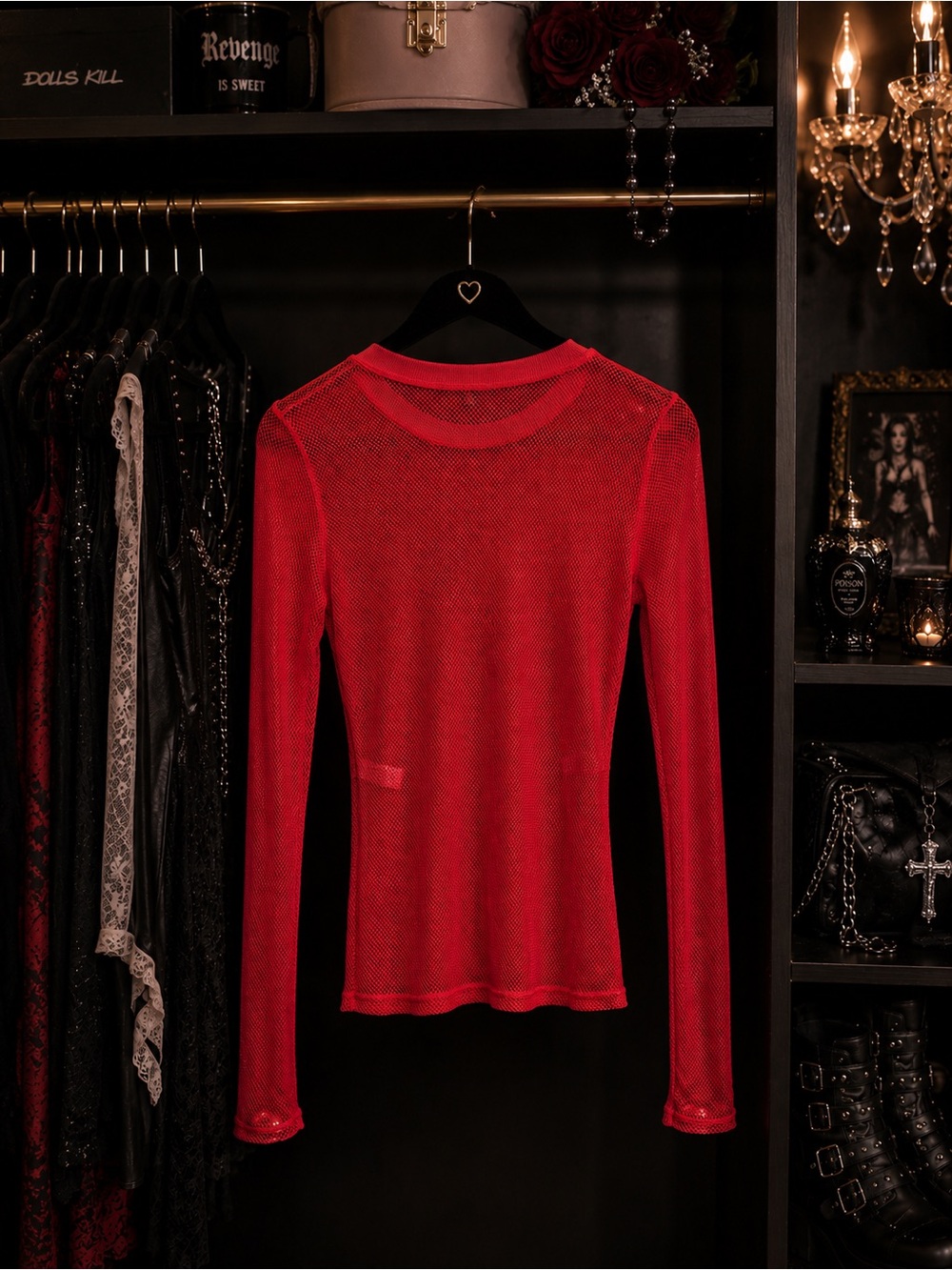 Women's Red Long-Sleeve Mesh Top